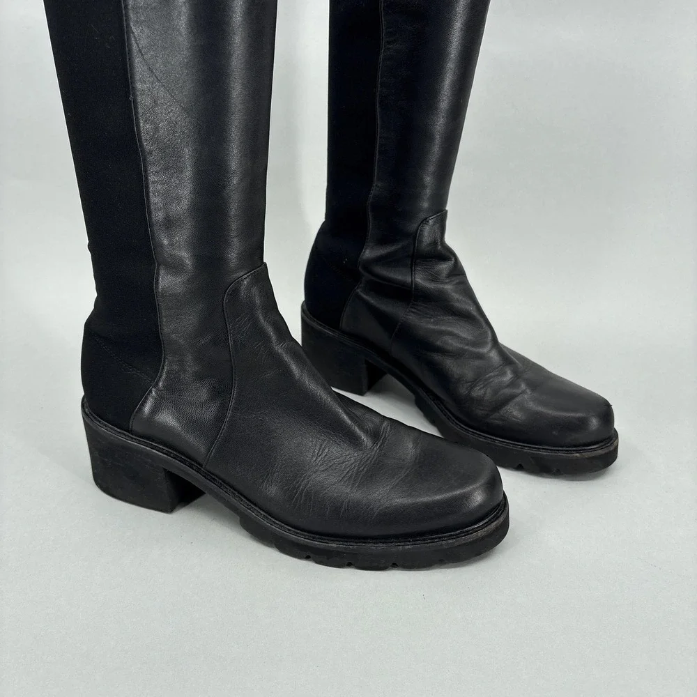Stuart Weitzman Boots Womens Size 8.5 Black Lamb Leather Over Knee Block Heel
